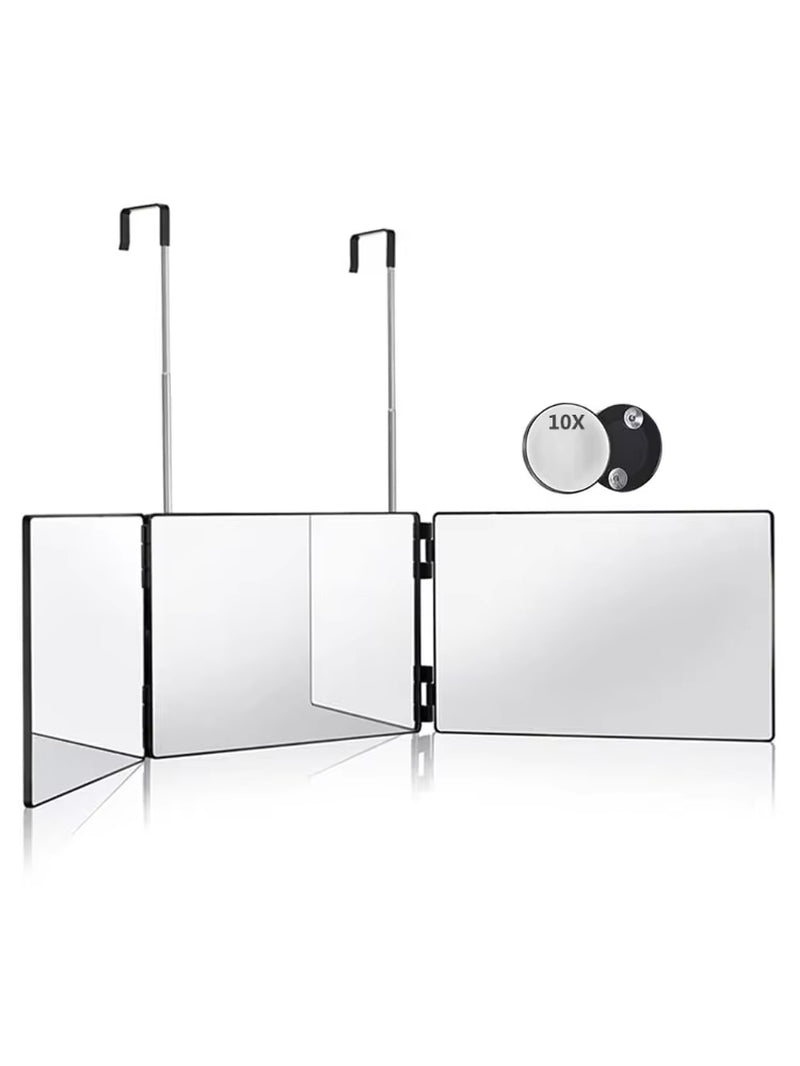 Black Portable 360 Trifold Mirror with Height Adjustable Telescoping Hooks Ideal for Self Hair Cutting Makeup Essential Fordable
