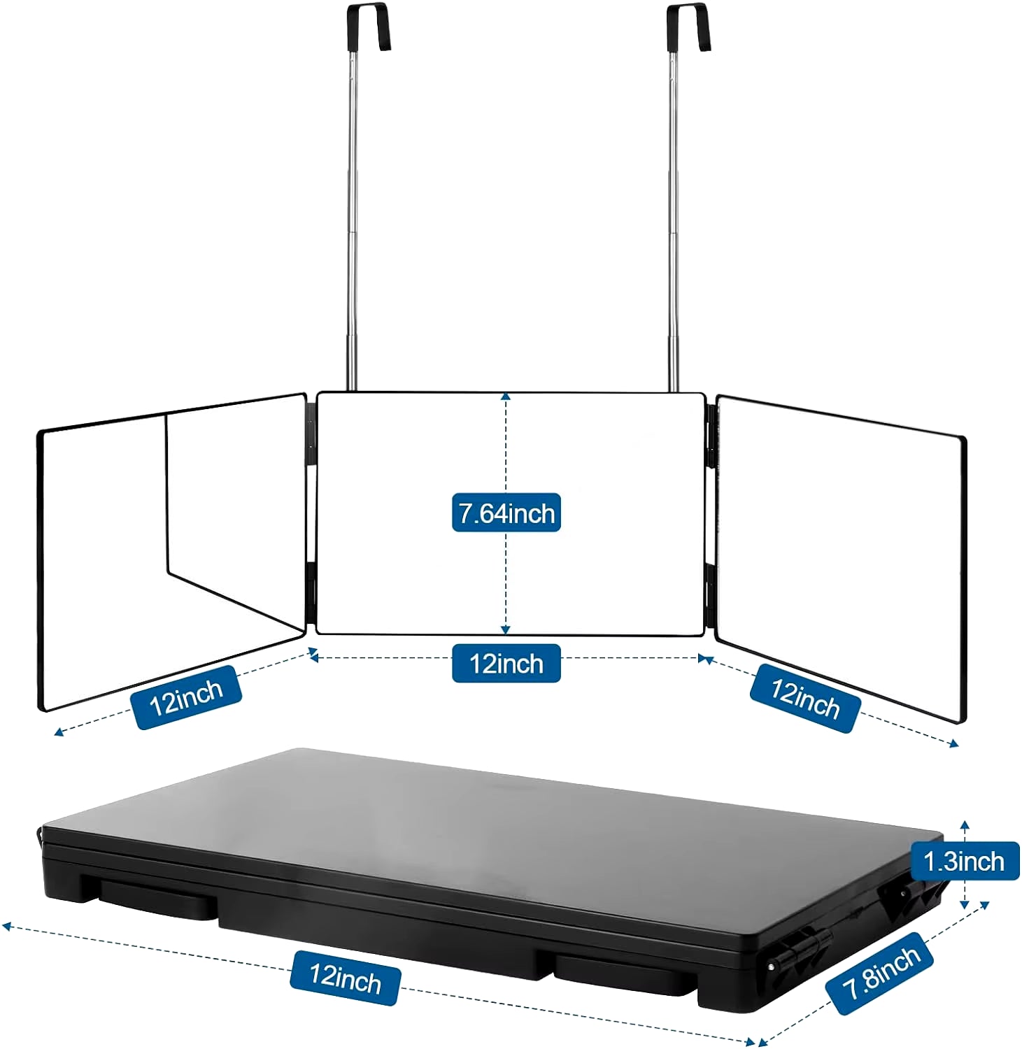Black Portable 360 Trifold Mirror with Height Adjustable Telescoping Hooks Ideal for Self Hair Cutting Makeup Essential Fordable