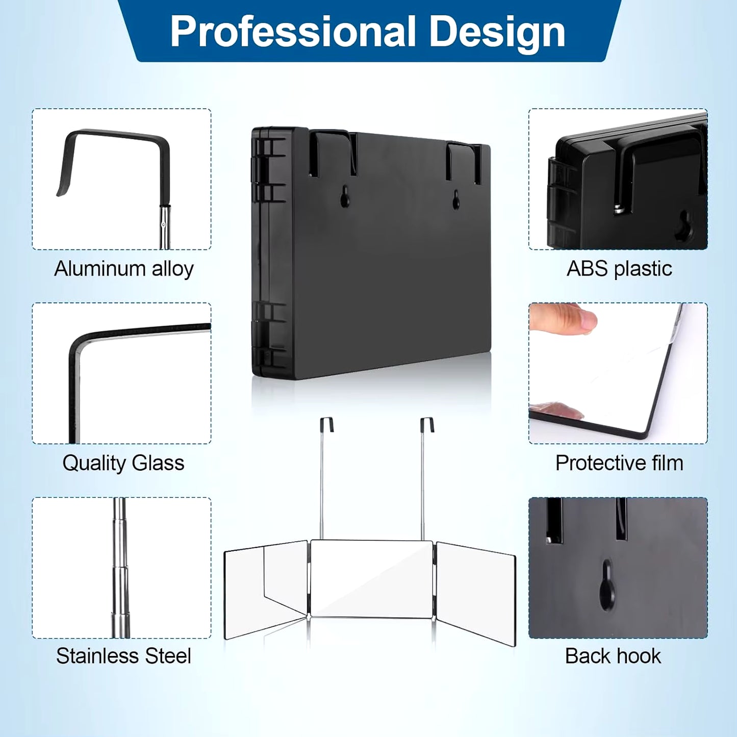 Black Portable 360 Trifold Mirror with Height Adjustable Telescoping Hooks Ideal for Self Hair Cutting Makeup Essential Fordable