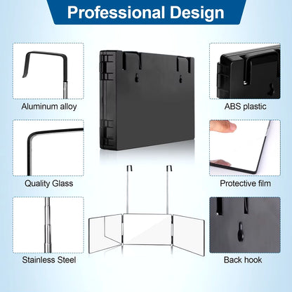 Black Portable 360 Trifold Mirror with Height Adjustable Telescoping Hooks Ideal for Self Hair Cutting Makeup Essential Fordable