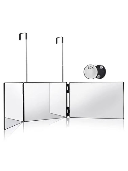 Black Portable 360 Trifold Mirror with Height Adjustable Telescoping Hooks Ideal for Self Hair Cutting Makeup Essential Fordable